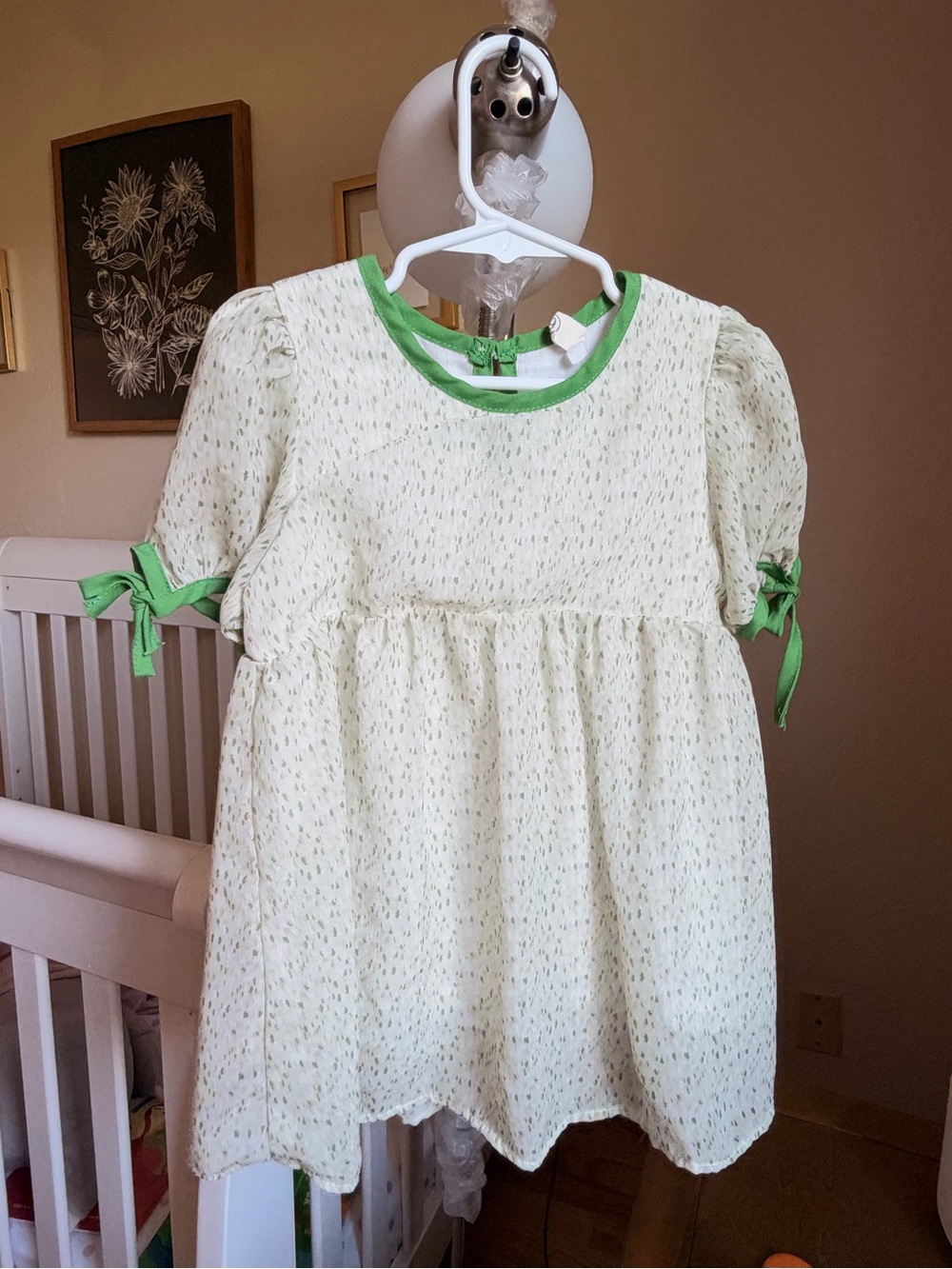 Girls' Cream Dress with Green Trim